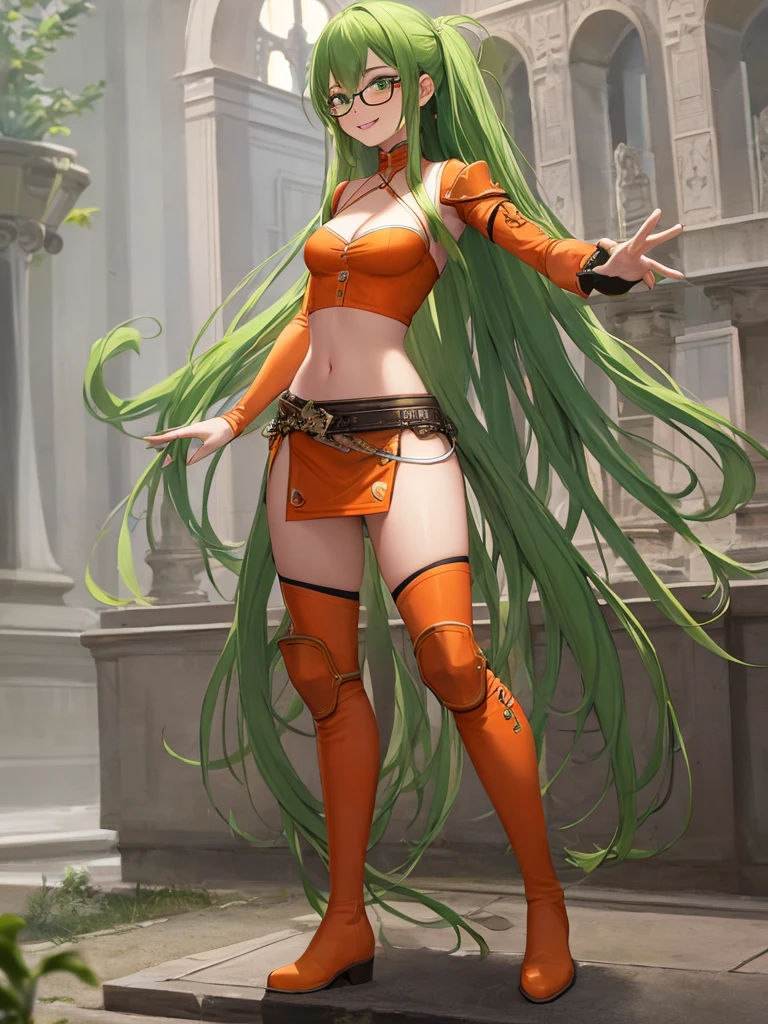 ((best quality)), ((masterpiece)), (detailed), palace, 1girl, 20 years old, full body portrait, thin glasses, very long green hair, absurdly long beautiful green hair, super long gorgeous green hair, busty, cleavage, smile, standing, seductive, beckoning, archer, orange boots visible, orange shoes visible, orange shoes, orange tall boots, orange knee-high boots, orange knees, orange waist, orange abdomen, orange midriff, silver breastplate, silver armor shoulder guards, silver gauntlets, high-waisted short orange wrap skirt, small skirt