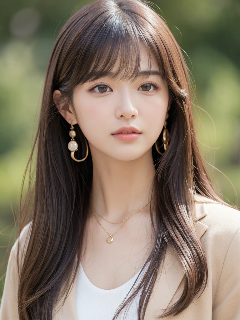 ((Highest quality, 8K, masterpiece:1.3)), concentrate: 1.2, Perfect body beauty: 1.4, Hips: 1.2, ((Long Hair, chest: 1.2)), (Dry clothes: 1.1) , (clear, Simple Background:1.3), Simple clothes: 1.1, Highly detailed face and skin texture,Delicate eyes, double eyelid, Whitened skin, Rough skin、Long Hair、Earrings with bangs、necklace、 solo、Beige coat、White shirt, (((Beautiful girl with cute Japan)))、 ((Beautiful Japanese girl 20 years old))、 ((Baby Face))、 (((Slender body)))、 Upper Body,Face focus、necklace,Simple Background,From above, Realistic Hair、 A photograph was taken:Canon EOS R6、135mm、1/1250 seconds、f2.8、ISO400、(Detailed explanation of the hand)、(Masseter muscle area)、(Exquisite CG)、Long Hair, loose and curly hair、Korean Hair、Long Hair明るいベージュ色、グラデーションハイライトグレージュのゆるふわLong Hairスタイル、