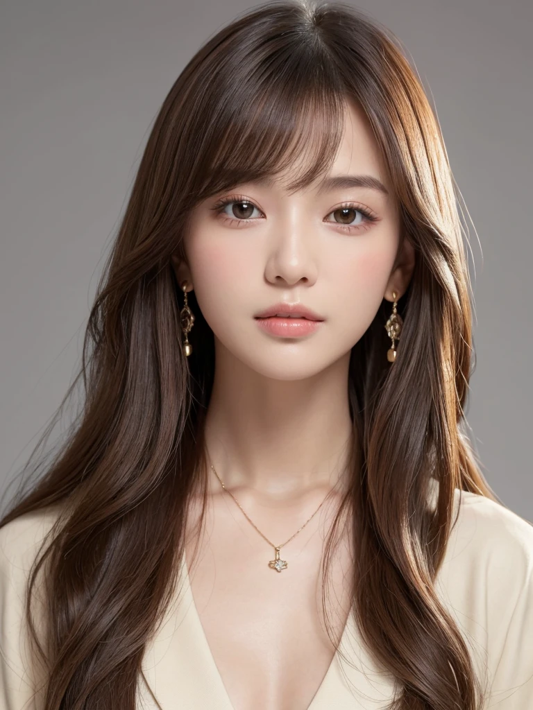 ((Highest quality, 8K, masterpiece:1.3)), concentrate: 1.2, Perfect body beauty: 1.4, Hips: 1.2, ((Long Hair, chest: 1.2)), (Dry clothes: 1.1) , (clear, Simple Background:1.3), Simple clothes: 1.1, Highly detailed face and skin texture,Delicate eyes, double eyelid, Whitened skin, Rough skin、Long Hair、Earrings with bangs、necklace、 solo、Beige coat、White shirt, (((Beautiful girl with cute Japan)))、 ((Beautiful Japanese girl 20 years old))、 ((Baby Face))、 (((Slender body)))、 Upper Body,Face focus、necklace,Simple Background,From above, Realistic Hair、 A photograph was taken:Canon EOS R6、135mm、1/1250 seconds、f2.8、ISO400、(Detailed explanation of the hand)、(Masseter muscle area)、(Exquisite CG)、Long Hair, loose and curly hair、Korean Hair、Long Hair明るいベージュ色、グラデーションハイライトグレージュのゆるふわLong Hairスタイル、