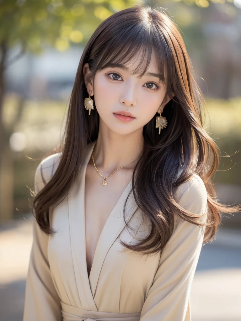  ((Highest quality, 8K, masterpiece:1.3)), concentrate: 1.2, Perfect body beauty: 1.4, Hips: 1.2, ((Long Hair, chest: 1.2)), (Dry clothes: 1.1) , (clear, Simple Background:1.3), Simple clothes: 1.1, Highly detailed face and skin texture,Delicate eyes, double eyelid, Whitened skin, Rough skin、Long Hair、Earrings with bangs、necklace、 solo、Beige coat、White shirt,  (((Beautiful girl with cute Japan)))、  ((Beautiful Japanese girl 20 years old))、 ((Baby Face))、 (((Slender body)))、  Upper Body，Face focus、necklace，Simple Background，From above， Realistic Hair、 A photograph was taken:Canon EOS R6、135mm、1/1250 seconds、f2.8、ISO400、(Detailed explanation of the hand)、(Masseter muscle area)、(Exquisite CG)、Long Hair, loose and curly hair、Korean Hair、Long Hair明るいベージュ色、グラデーションハイライトグレージュのゆるふわLong Hairスタイル、