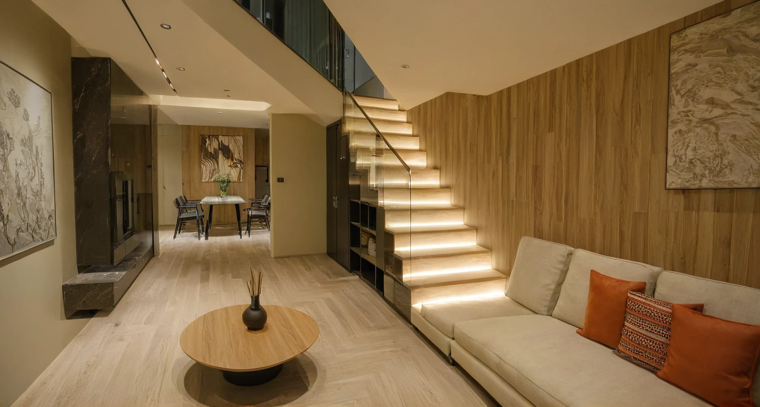Raw photo, Masterpiece, high quality, best quality, authentic, super detail, interior, indoors,  style modern, minimalist line, wooden, oak wood, led light, beige paint wall, sofa, atrium, LIVING ROOM, PEN HOUSE, kitchen, island kitchen, alu window, japan style, wasabi style, Jen style, steel stair, glass railing, penhouse
