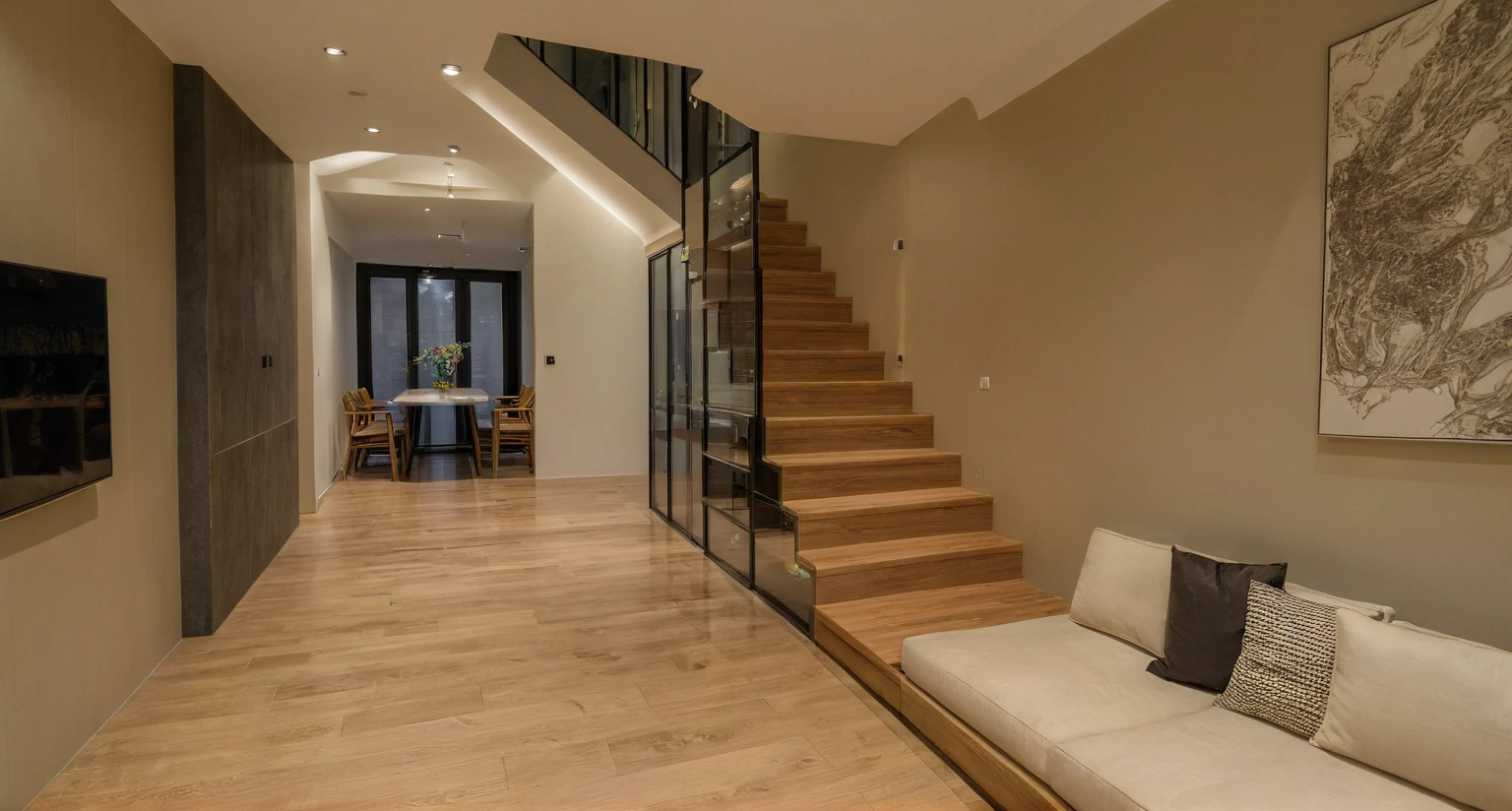Raw photo, Masterpiece, high quality, best quality, authentic, super detail, interior, indoors, style modern, minimalist line, wooden, oak wood, led light, beige paint wall, sofa, atrium, LIVING ROOM, PEN HOUSE, kitchen, island kitchen, alu window, japan style, wasabi style, Jen style, steel stair, glass railing, penhouse