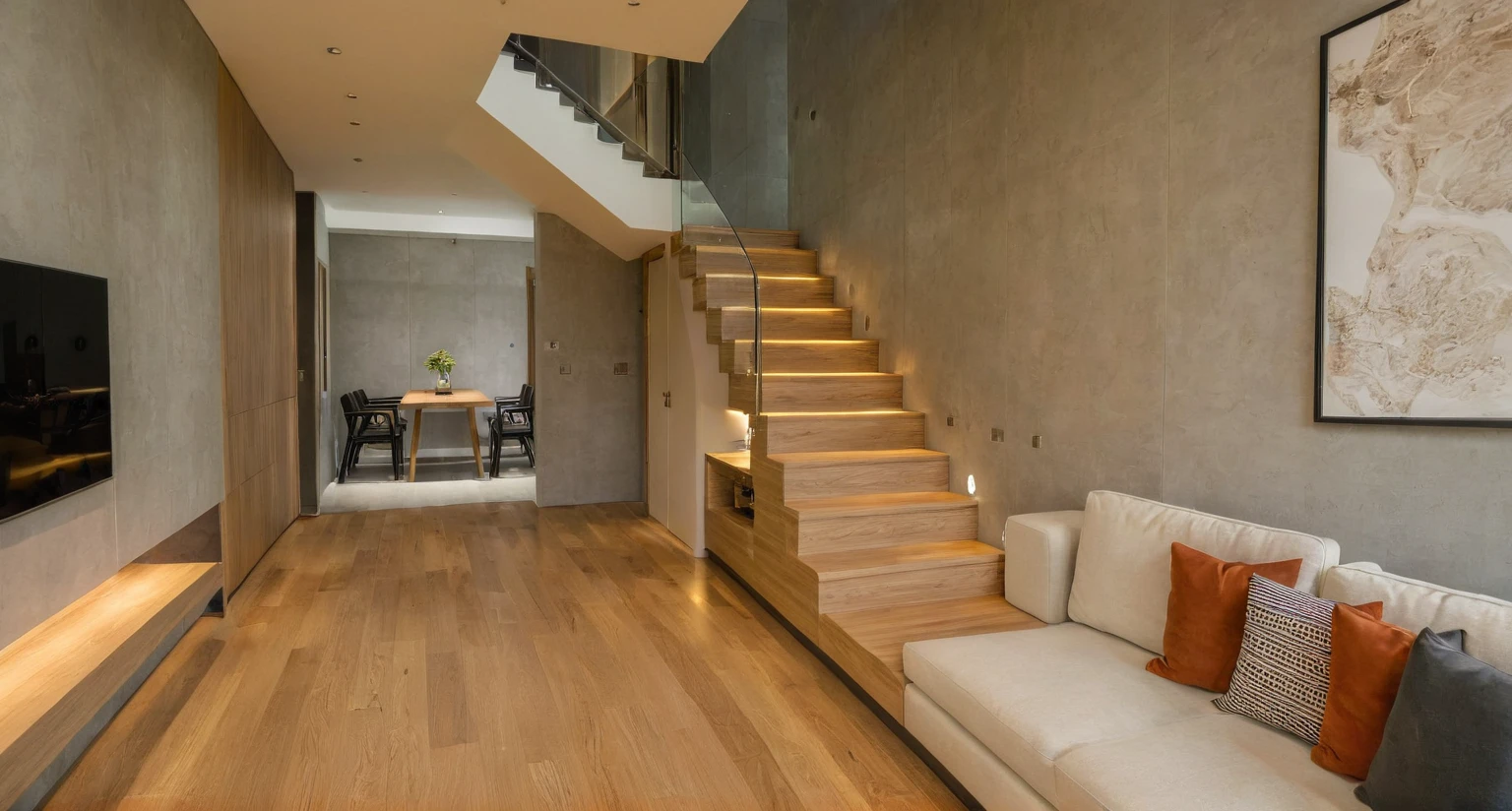 Raw photo, Masterpiece, high quality, best quality, authentic, super detail, interior, indoors, style modern, minimalist line, wooden, oak wood, led light, beige paint wall, sofa, atrium, LIVING ROOM, PEN HOUSE, kitchen, island kitchen, alu window, japan style, wasabi style, Jen style, steel stair, glass railing, penhouse