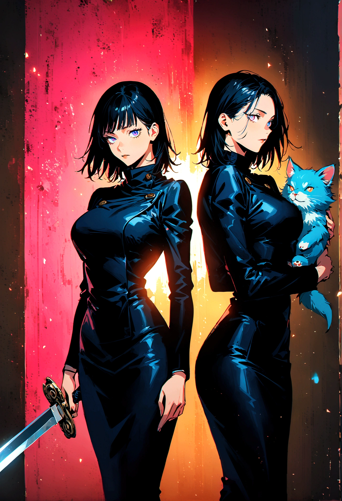 (2 girls,jujutsu kaisen),twins, sitting on a couch holding a stuff animal, standing and holding a sword, two different set of colored eyes, same height, matching dresses, artwork
