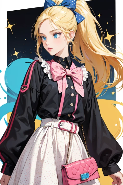 Starlette has a medium skin-tone and blue eyes. Her hair is black with blonde fronts with pops of yellow, pink, and blue in the back and is styled into a ponytail and accessorized with a white and black polka dot bow that can be flipped to become a red one. look includes a long-sleeved with many colors on it possibly inspired by TV color bars, a red belt with a mini purse hanging off, pants with a film strip print on it, and the same purse from before can be flipped to have a similar pattern to the shirt. SPARKLE; GLITTER