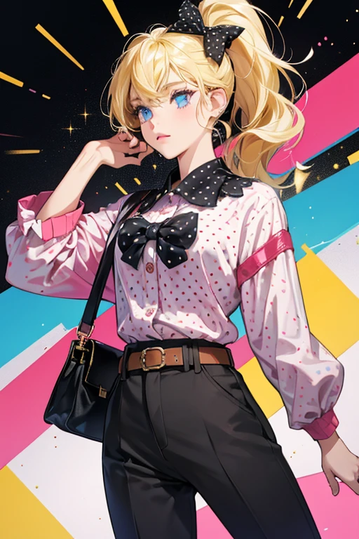 Starlette has a medium skin-tone and blue eyes. Her hair is black with blonde fronts with pops of yellow, pink, and blue in the back and is styled into a ponytail and accessorized with a white and black polka dot bow that can be flipped to become a red one. look includes a long-sleeved with many colors on it possibly inspired by TV color bars, a red belt with a mini purse hanging off, pants with a film strip print on it, and the same purse from before can be flipped to have a similar pattern to the shirt. SPARKLE; GLITTER