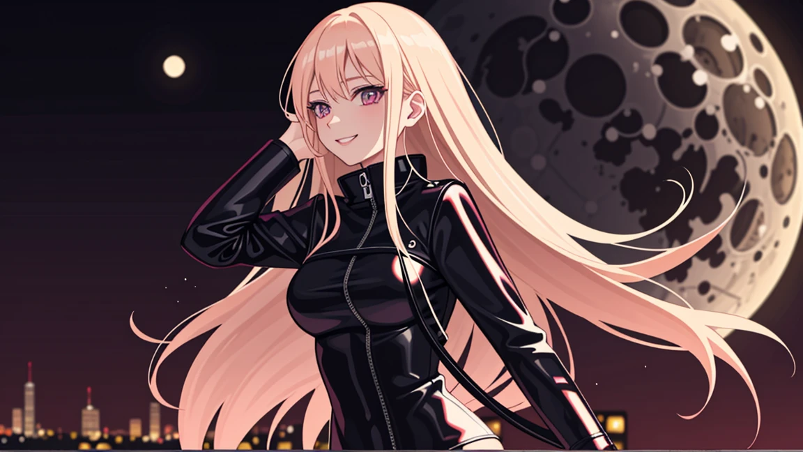 adult woman, pink eyes, long blonde hair, sexy black leather, smile, guitar, 4k hd, night city, moon