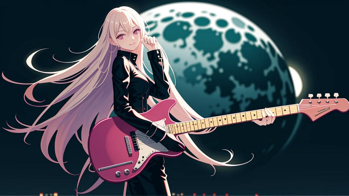 adult woman, pink eyes, long blonde hair, sexy black leather, smile, guitar, 4k hd, night city, moon