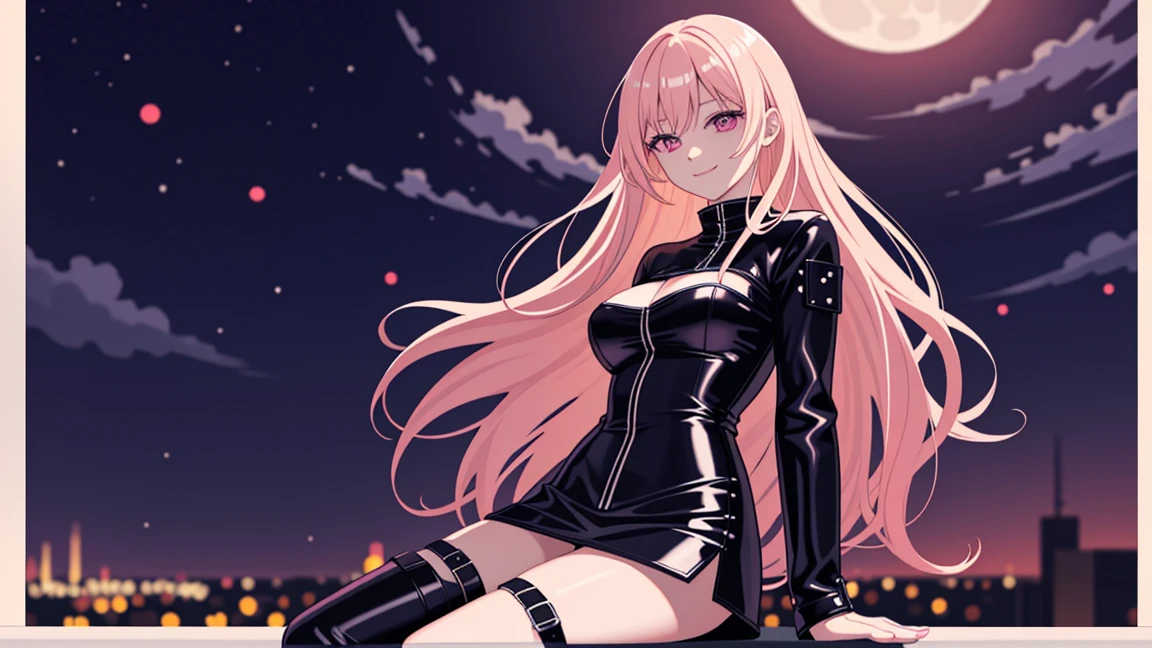 adult woman, pink eyes, long blonde hair, sexy black leather, smile, guitar, 4k hd, night city, moon