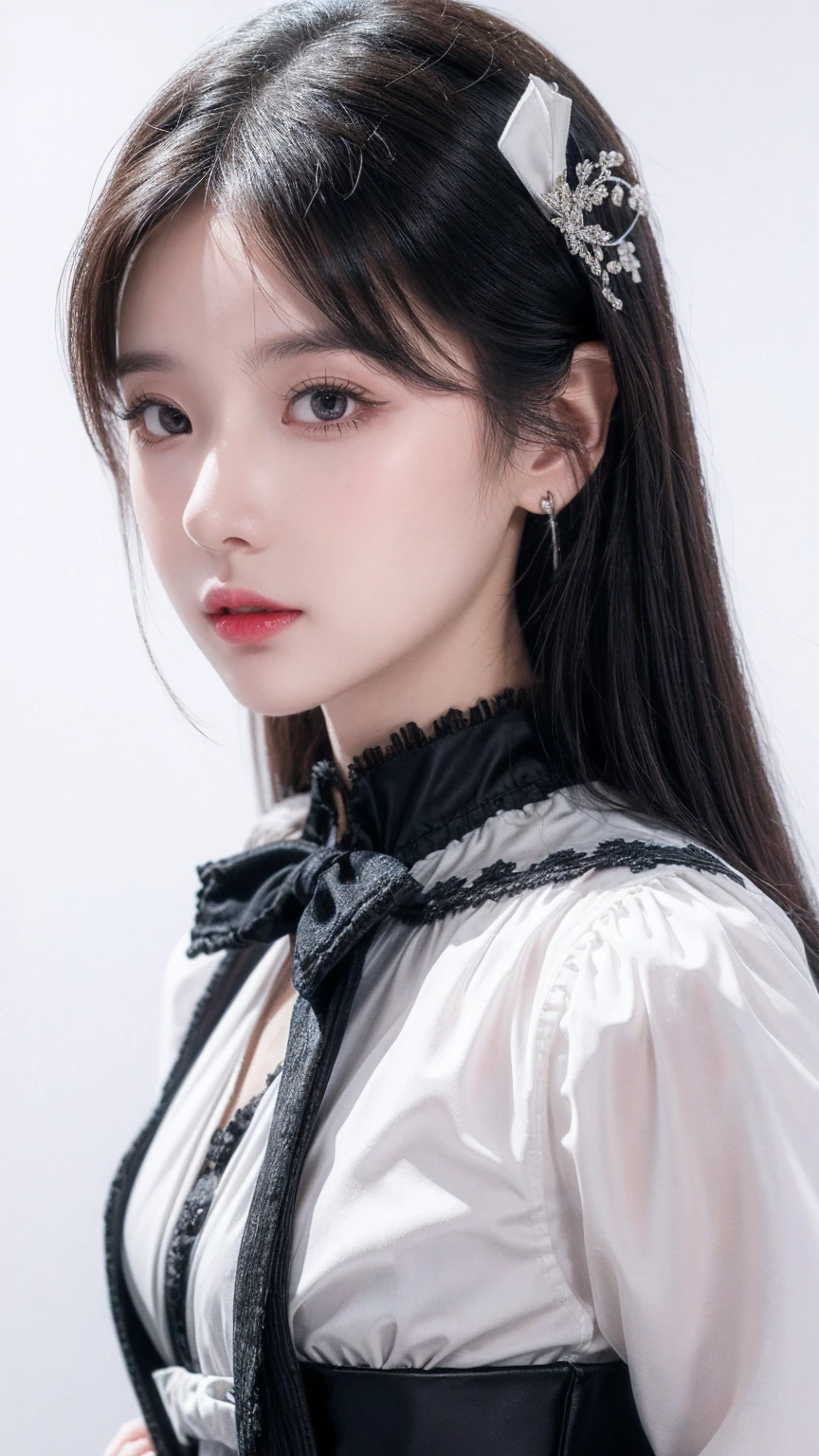 best quality,Very detailed,masterpiece,Extremely detailed,Solitary,(Delicexiste Eyes),(White background:1.3),red Eyes,permanent,Belt skirt,[trench coexist:20],Jewelry, mole_exist下面_Eye, Watching_exist_Viewer, Frilly_Headband,earrings