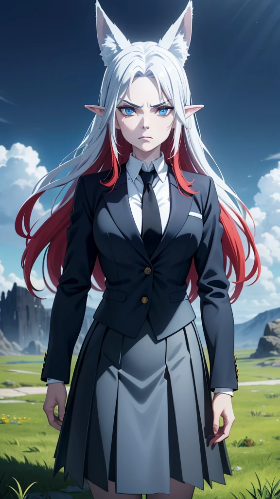 1girl ,solo,20s,mature female,angry face,red hair,long hair,fox ears,(grass),shirt,black standard tie,blue blazer,long sleeves, black pleated skirt,(upper body),frosty white Skin , Icy white hair ,Glacial blue eyes