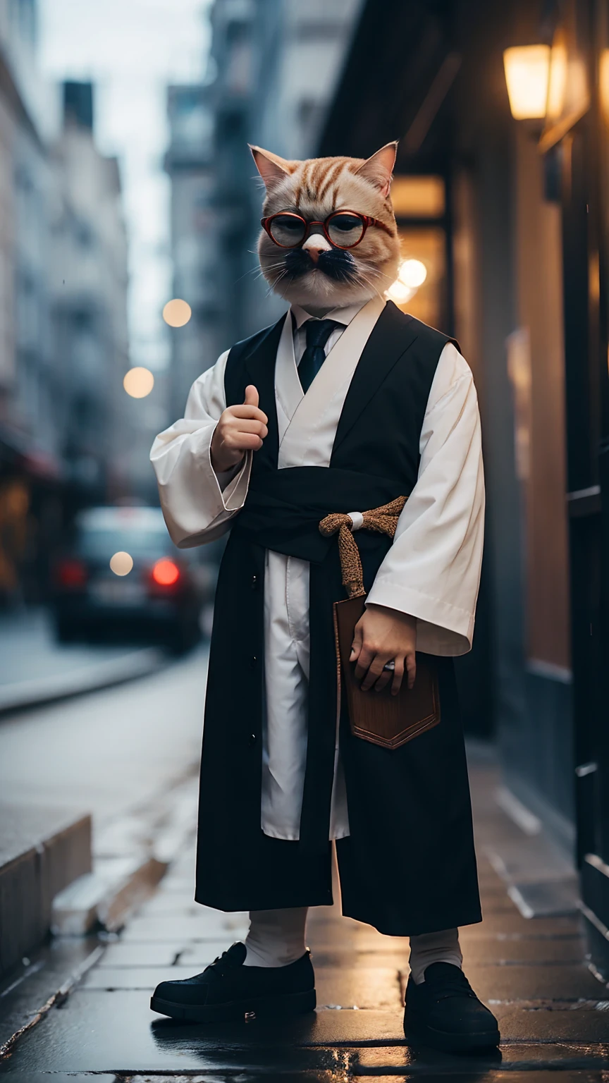 HDR, UHD,8K, highly detailed, realistic, photo-realistic:1.37), best quality, masterpiece, maomi, blurry background. Must be square-shaped, black-rimmed glasses. Glasses with small frames. Regal silk Hakama. Toshiro Mifune man, standing, Lower your right hand. Left hand gesture. solo, outdoors, full body, shoes, depth of field. The face is facing the camera. The image should be photorealistic and detailed. whole body, entire body. Demon Mask. Muscular and large build.