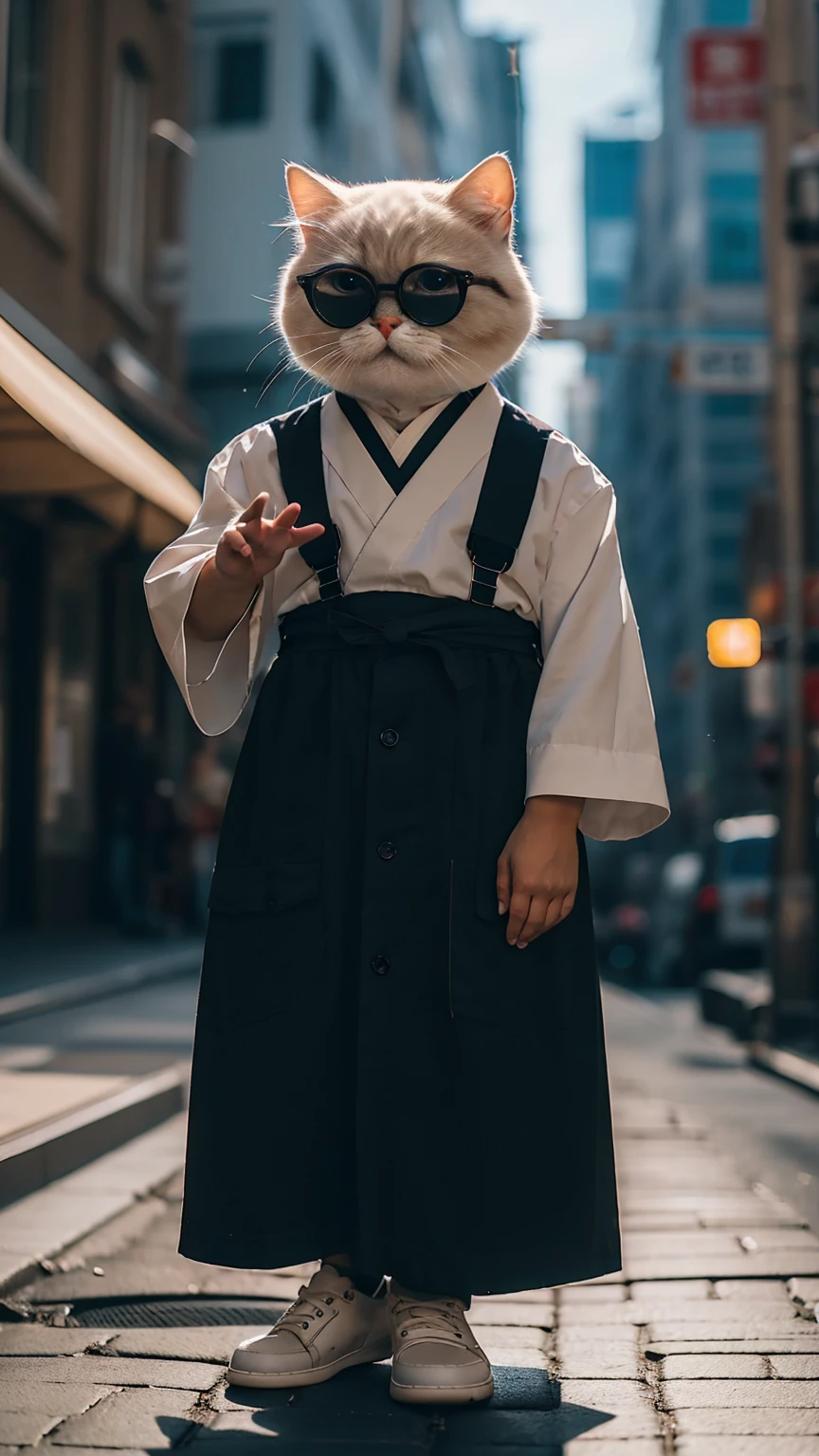 HDR, UHD,8K, highly detailed, realistic, photo-realistic:1.37), best quality, masterpiece, maomi, blurry background. Must be square-shaped, black-rimmed glasses. Glasses with small frames. Regal silk Hakama. Toshiro Mifune man, standing, Lower your right hand. Left hand gesture. solo, outdoors, full body, shoes, depth of field. The face is facing the camera. The image should be photorealistic and detailed. whole body, entire body. Demon Mask. Muscular and large build.
