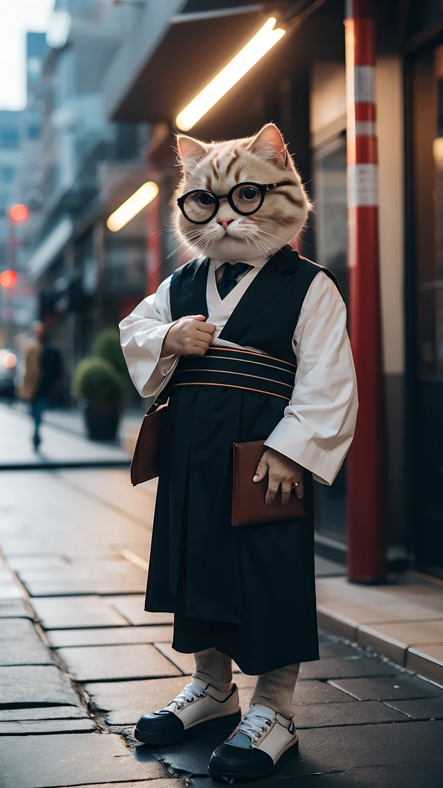 HDR, UHD,8K, highly detailed, realistic, photo-realistic:1.37), best quality, masterpiece, maomi, blurry background. Must be square-shaped, black-rimmed glasses. Glasses with small frames. Regal silk Hakama. Toshiro Mifune man, standing, Lower your right hand. Left hand gesture. solo, outdoors, full body, shoes, depth of field. The face is facing the camera. The image should be photorealistic and detailed. whole body, entire body. Demon Mask. Muscular and large build.