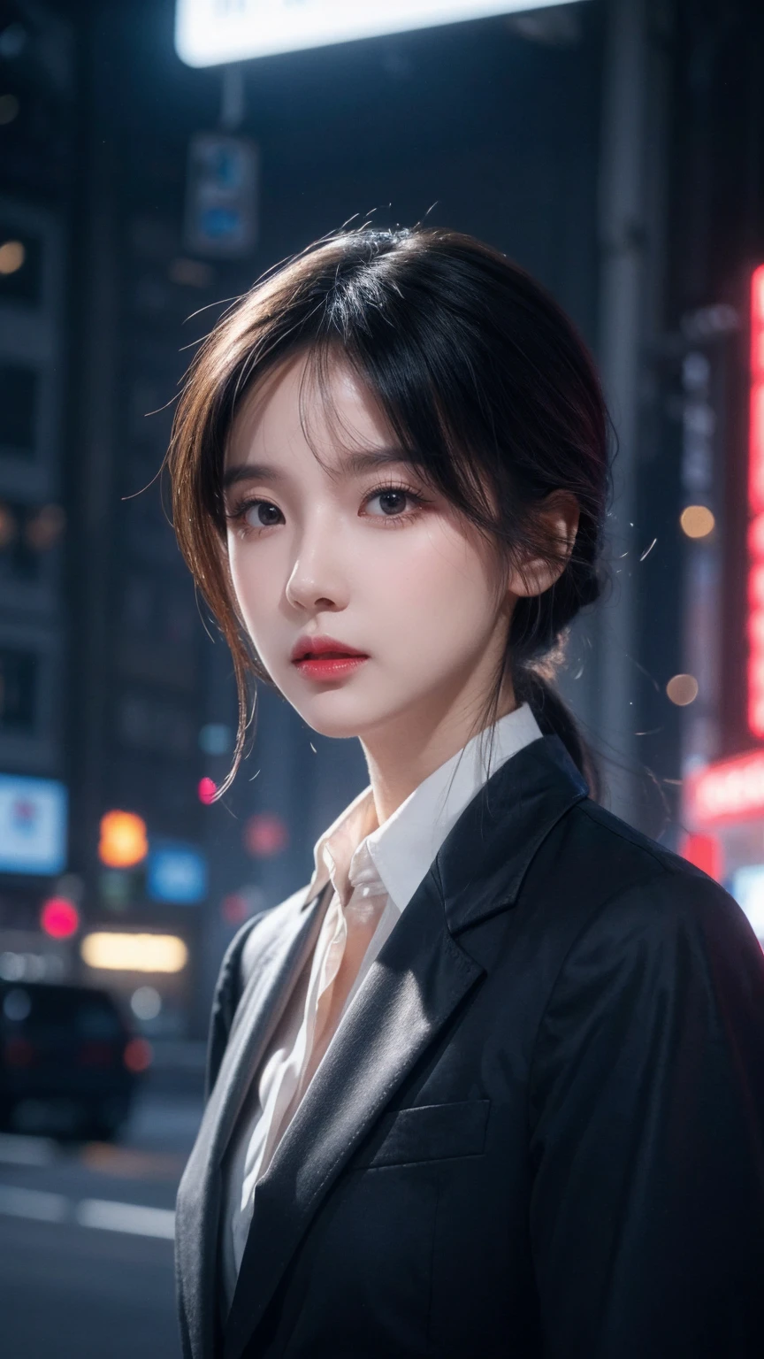 16K, Human Development Report, ringing, Ray Tracing, Natural Lighting, absurd, A masterpiece of the finest quality, Perfect anatomically detailed face, Delicate eyes, 1 Girl, Solitary, Wearing a suit, shirt, Top button open, Beautiful hair, extreme beauty, impatience, Cool, breath, windy, Glowing eyes, Serious expression, Dystopian City, Futuristic, Detailed background, The award-winning, Neon, Popular on Art Station