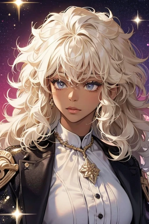 Dark skin and curly platinum blonde hair in an afro. SPARKLE; GLITTER