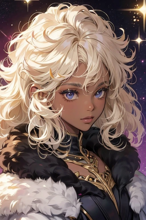 Dark skin and curly platinum blonde hair in an afro. SPARKLE; GLITTER