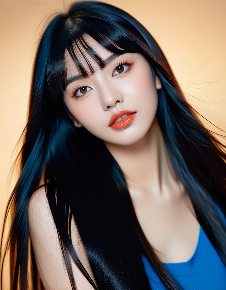 a 22yo woman with long black hair,dark blue and dark black,realistic color palette, soft-focused realism,black hair, long hair, blunt bangs