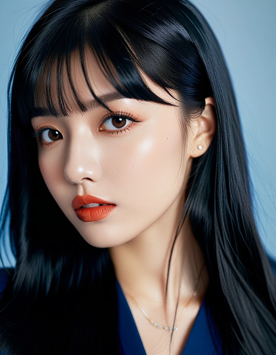 a 22yo woman with long black hair,dark blue and dark black,realistic color palette, soft-focused realism,black hair, long hair, blunt bangs
