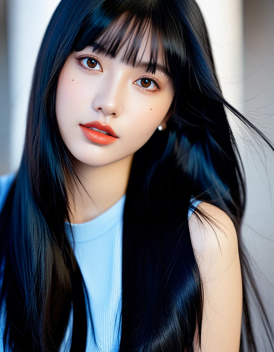 a 22yo woman with long black hair,dark blue and dark black,realistic color palette, soft-focused realism,black hair, long hair, blunt bangs