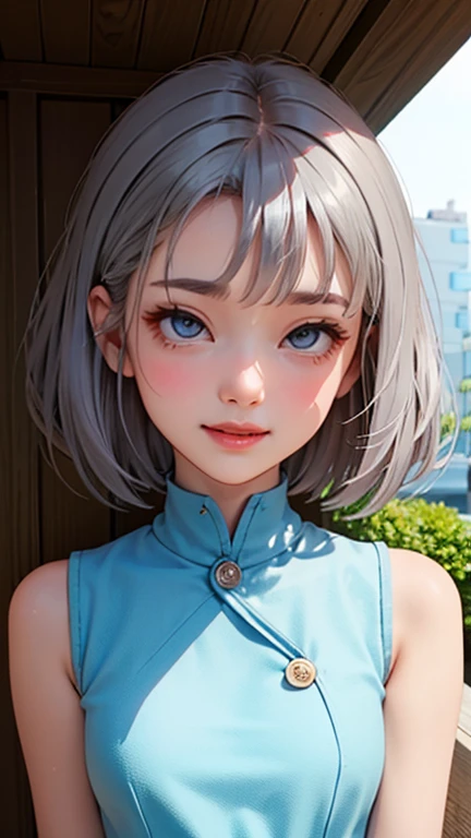 blush a little and smile, (Top quality masterpiece:1.2) Delicate illustrations, Very detailed, /Beautiful Japanese Women、1 person,Very cute and slim、Great style 、((8K images、super high quality))、Very delicate face, Skin and Hair、beautifule forehead、Red lipstick、(((((short hair、Silver Hair、lure))))),Very cute Japanese cut face、Eyes and nose are clearly visible、Kind eyes,((((Sleeveless fashion))))