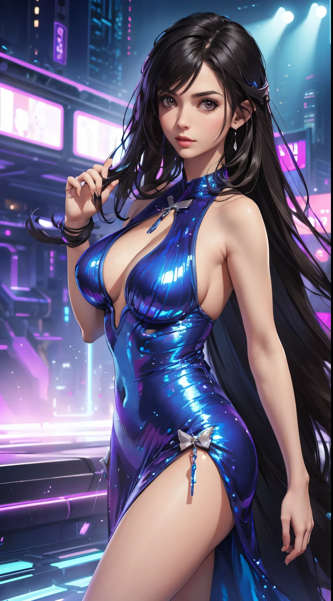 "(best quality,highres,realistic:1.2),sexy woman,sequin dress,sleeveless,cleavage,modern,stylish,futuristic,ultra-detailed,party atmosphere,vivid colors,dynamic lighting"
