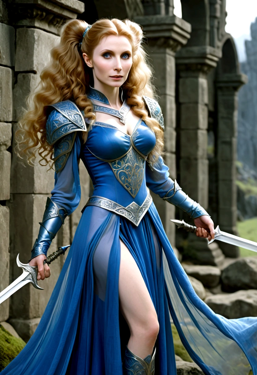 Gates McFadden (age 20) (young elven maiden, big hair, twintails, intricate sheer blue dress, mithril chest plate armor, mithril magic sword), chasing off some pesky kobolds, ruins