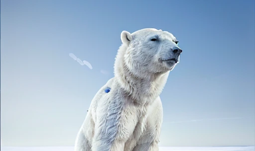 ((A humanoid white polar bear with abnormal musculature, very robust, blue eyes is standing looking up looking at the sky and uses some animal hides as clothing)), frozen ground and desert scenery, no trees there are no plants on this planet. Low left photography angle