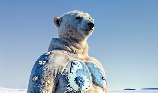 ((A humanoid white polar bear with abnormal musculature, very robust, blue eyes is standing looking up looking at the sky and uses some animal hides as clothing)), frozen ground and desert scenery, no trees there are no plants on this planet. Low left photography angle