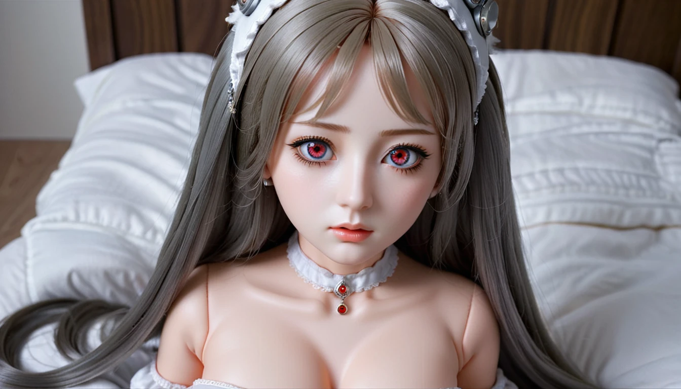 (realistic picture style:0.9), masterpiece, best quality,  absurd, looking at viewer, alone, (gray baby doll:1.5),  Bronya Zaichik, red eyes, big bust, long hair, gray hair, forehead, gray eyes, earring, drill head, hair between eyes, headdress, (Baby Doll:1.3), transparent, bed, expressionless