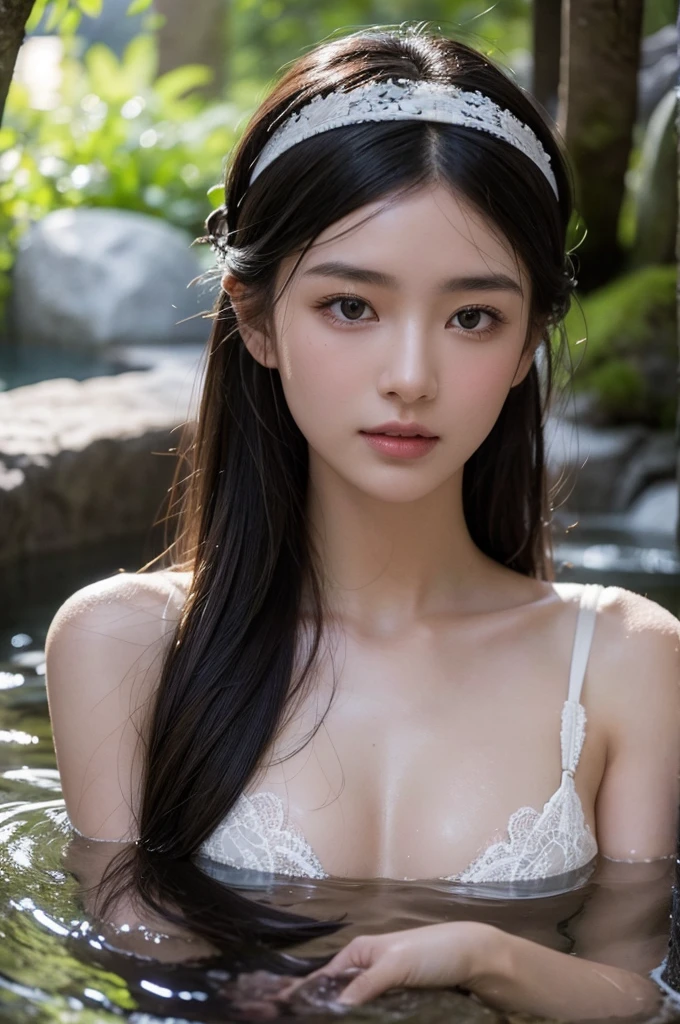 Highest quality, masterpiece, Ultra-high resolution, Supermodels bathing in Japanese hot springs, Outdoor hot spring, Stone hot spring, Moss and tree々Surrounded by, Super beautiful face, Pure Body, I can see my pores, (smile:0.8), Wearing split (Lace Headband:1.2), (realism:1.5), Original photo, Soaking wet, Sweaty, Exposing shoulders, In the Dark, Deep Shadow, Low Key, Cold Light