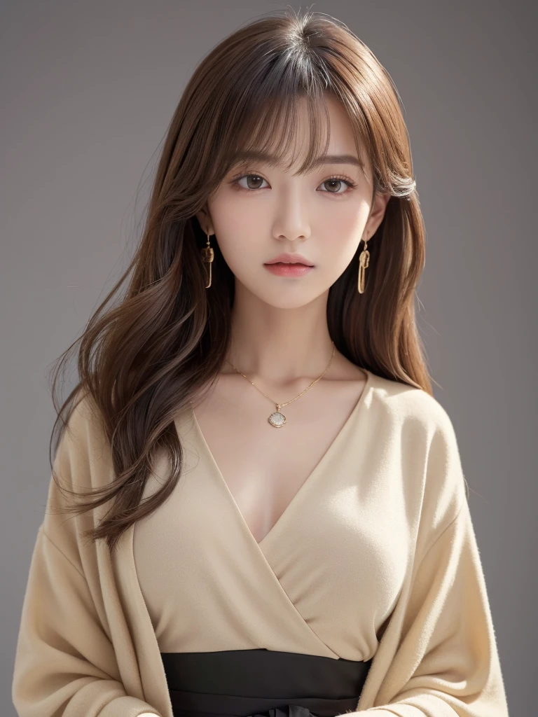 ((Highest quality, 8K, masterpiece:1.3)), concentrate: 1.2, Perfect body beauty: 1.4, Hips: 1.2, ((Long Hair, chest: 1.2)), (Dry clothes: 1.1) , (clear, Simple Background:1.3), Simple clothes: 1.1, Highly detailed face and skin texture,Delicate eyes, double eyelid, Whitened skin, Rough skin、Long Hair、Earrings with bangs、necklace、 solo、Beige coat、White shirt, (((Beautiful girl with cute Japan)))、 ((Beautiful Japanese girl 20 years old))、 ((Baby Face))、 (((Slender body)))、 Upper Body,Face focus、necklace,Simple Background,From above, Realistic Hair、 A photograph was taken:Canon EOS R6、135mm、1/1250 seconds、f2.8、ISO400、(Detailed explanation of the hand)、(Masseter muscle area)、(Exquisite CG)、Long Hair, loose and curly hair、Korean Hair、Long Hair明るいベージュ色、グラデーションハイライトグレージュのゆるふわLong Hairスタイル、