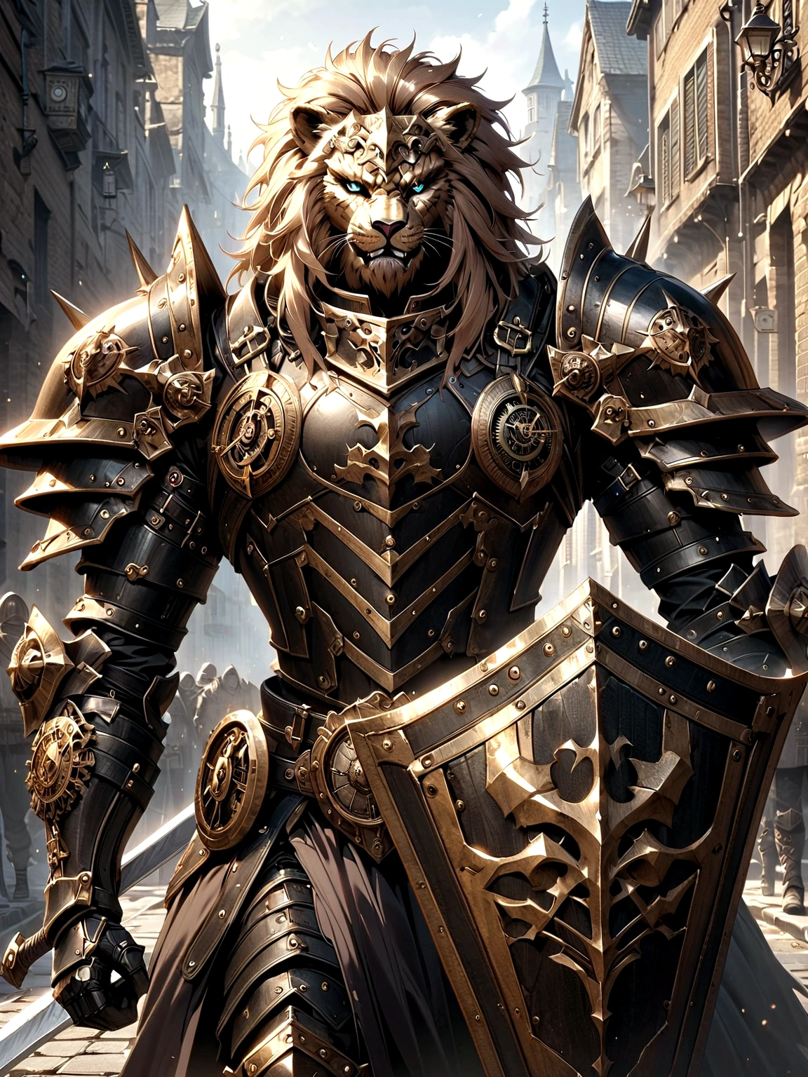 Lion Knight wearing combat uniform, on the street, black armor, Clock designs, Black Lion Man, Black Color armor, Sword and Shield