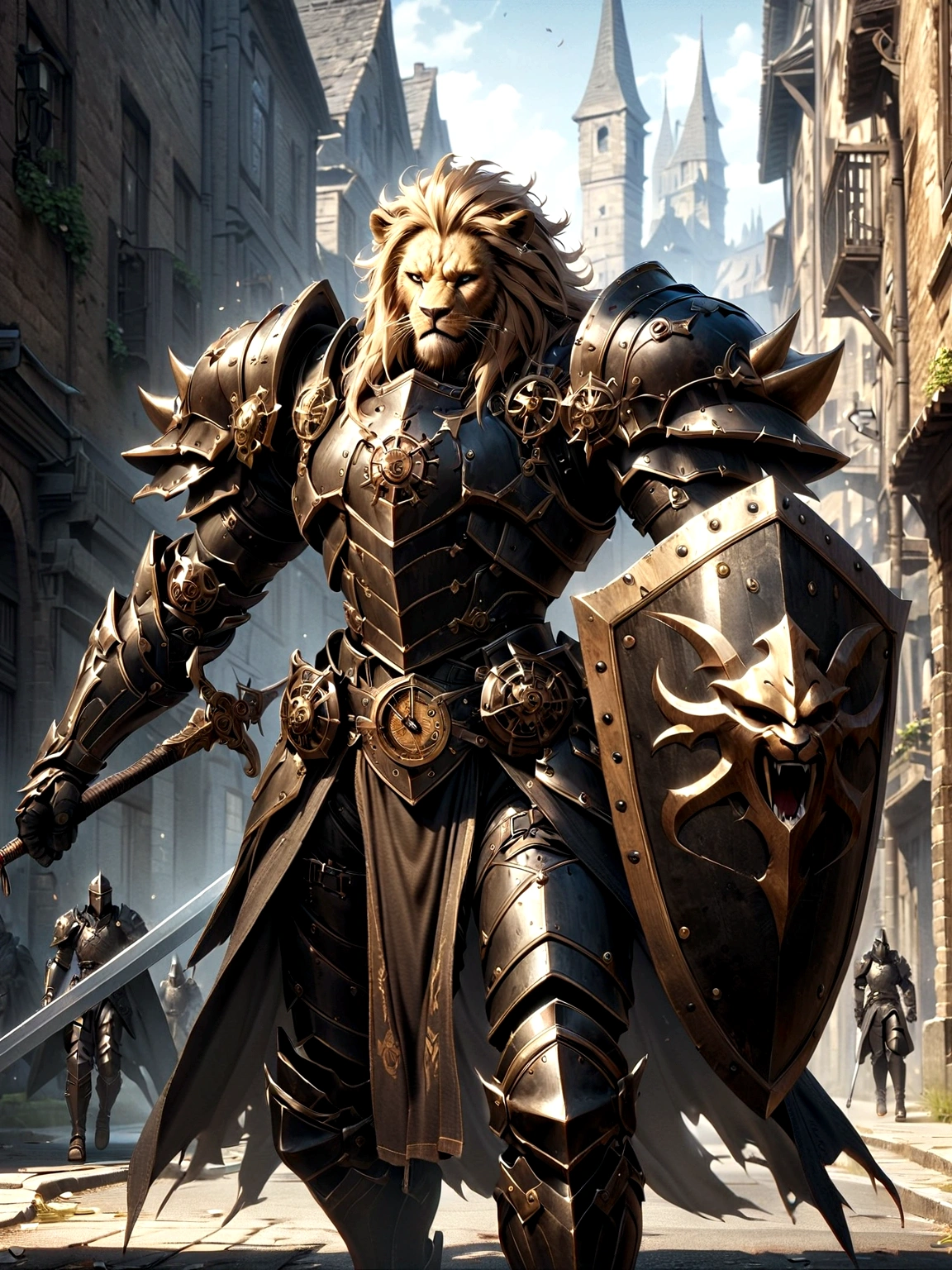 Lion Knight wearing combat uniform, on the street, black armor, Clock designs, Black Lion Man, Black Color armor, Sword and Shield