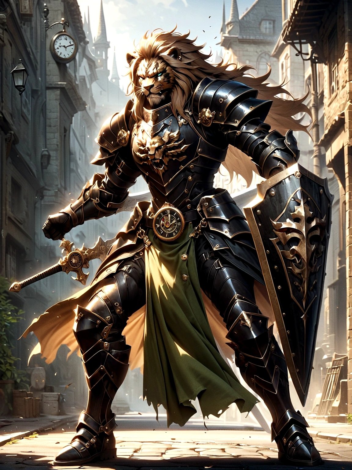 Lion Knight wearing combat uniform, on the street, black armor, Clock designs, Black Lion Man, Black Color armor, Sword and Shield
