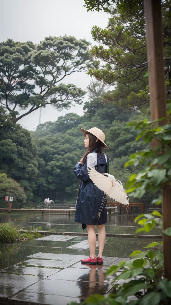 ((crane))、bird、Rainy Sky、1girl,