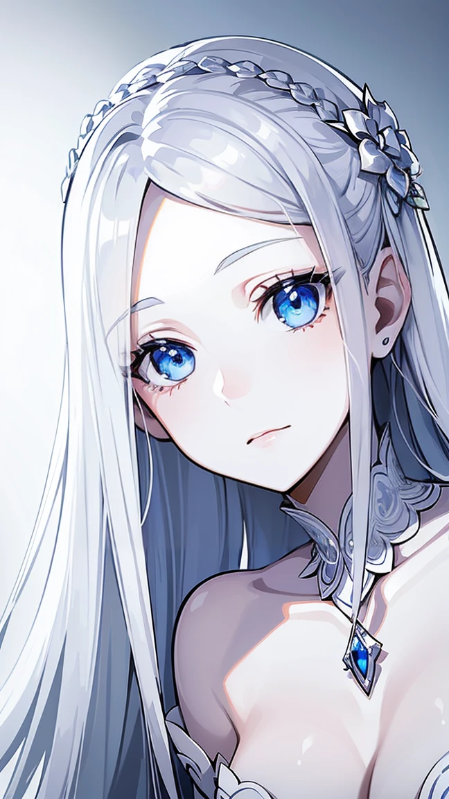 (masterpiece),((Highly detailed long silver hair)),((expressive blue eyes)),(Highly detailed white dress),deep cleavage,happy expression,extremely beautiful mature woman, milf,pale white skin,silver jewelry,best quality,cel shading,8K HD,highly detaild face, highly detaild eyes,flat color,(close angle),high contrast,contrapposto,white background