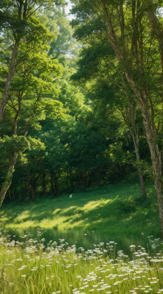 8K high quality,masterpiece, Highest quality, Grass原の空き地とmovieのようなphotograph, forest landscape, nature, Realistic, forest, Grass, Outdoor, Realistic rendering style, Butterflies Flying, Little white daisy, Depth of written boundary, photograph, movie, High resolution