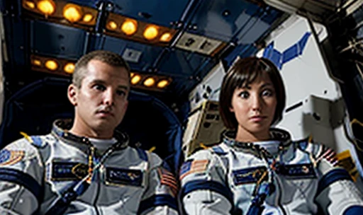 In the image we have 2 Astronauts in space uniform piloting a spacecraft, view inside the spacecraft. A humanoid robot is nearby helping.