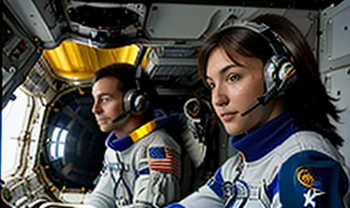 In the image we have 2 Astronauts in space uniform piloting a spacecraft, view inside the spacecraft. A humanoid robot is nearby helping.