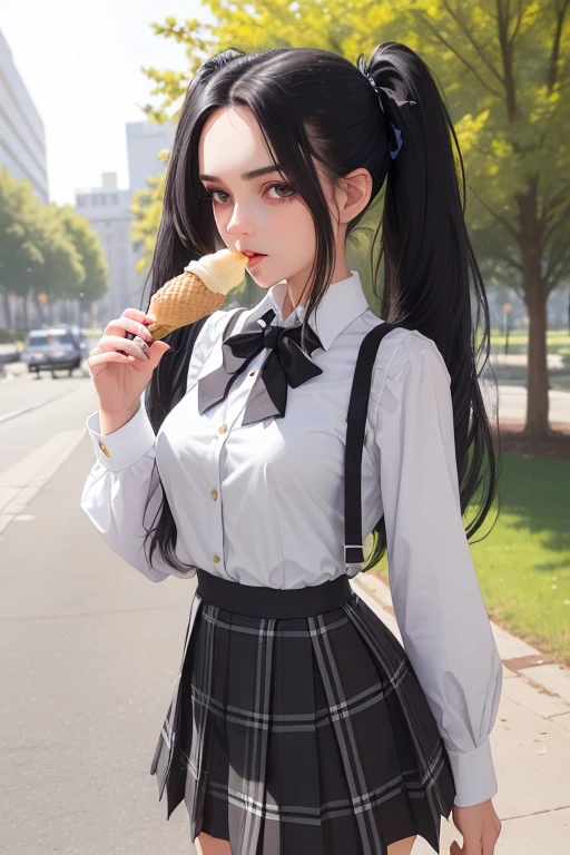 ((best qualityer), (hyperrealisti), mh-yk, Occupation: college student. Appearance: A slender young woman with long black hair styled in twintails. she has fair skin, striking features and intense dark eyes that convey intelligence and focus. Her outfit consists of a white blouse, black vest e plaid hip skirt, highlighting university uniform Clothing: white blouse, black vest, plaid hip skirt (schoolar uniform) funny scene, eating ice cream cone in the park and spills it on his shirt, confused expression.