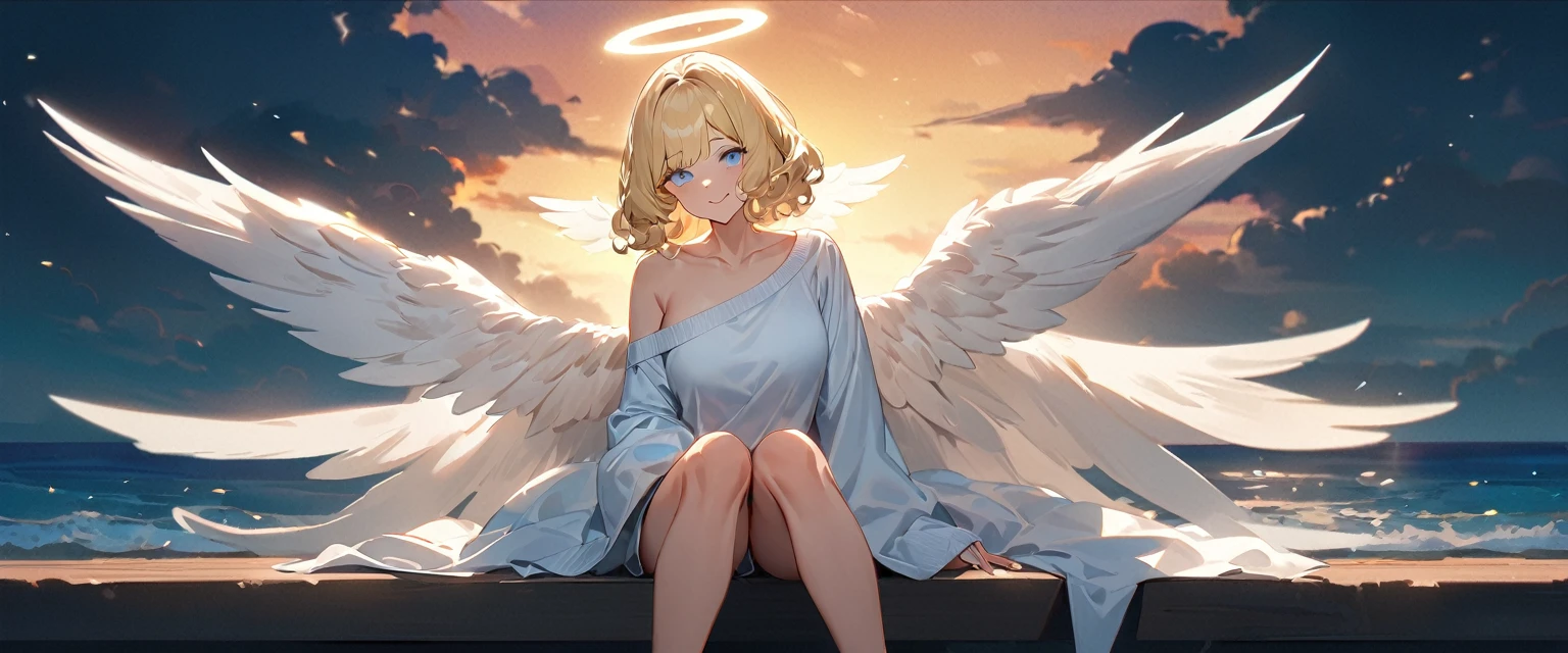 (((One girl))), full body, flying in the sky, bare legs, ((angel, big big white wings:1.2, halo:1.3)), Uriel, ((wavy hair, outward curled hair)), evening, Sunset, sea, beach, ((blond hair, bob cut:1.3)), big breasts, teenager, (looking at viewer), oversized clothes, puffy long sleeves, collarbone, ((off-shoulder sweater dress:1.3, Quite thick shoulder straps)), (((sleeves past wrists:1.3))), ((white sweater)), collarbone, head tilt:1.3, (((blue eye))), ((happy smile)), (((anime style))), (best quality, 4K, 8K, highres, masterpiece:1.2, ultra-detailed, ultra-detailed eyes, HDR, uhd, studio lighting, ultra-fine painting, sharp focus, physically-based rendering, extreme detail description, professional, vivid colors, bokeh), ((Highest quality, Best image quality, Ultra-high resolution, Ultra-high resolution, solo, Strong eye highlights)), Depth of written boundary, Natural soft light, attractive, Beautiful Face, Cleanliness, Pure Face, medium chest, Beautiful Face, Perfect Fingers, Perfect hands, Perfect body, Perfect Face, Shine a light into your eyes, Perfect Anatomy