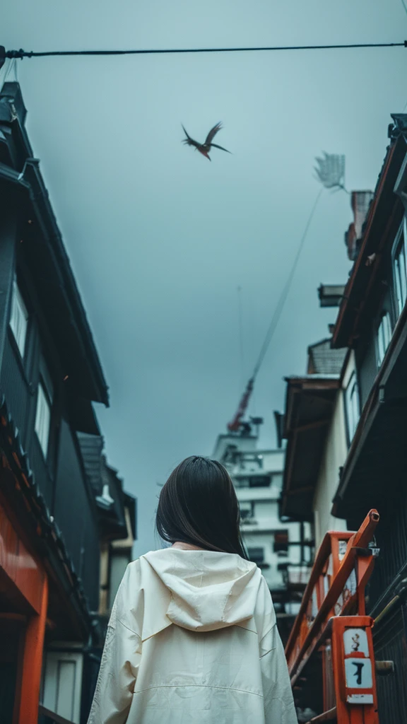 ((crane))、bird、Rainy Sky、1girl,from below