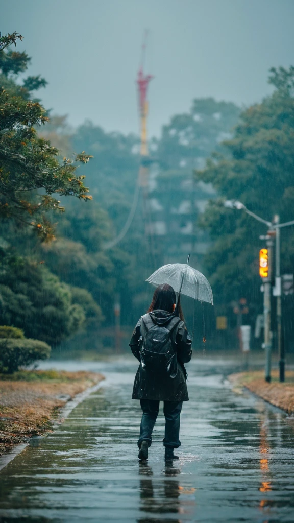 ((crane))、bird、Rainy Sky、1girl,from below