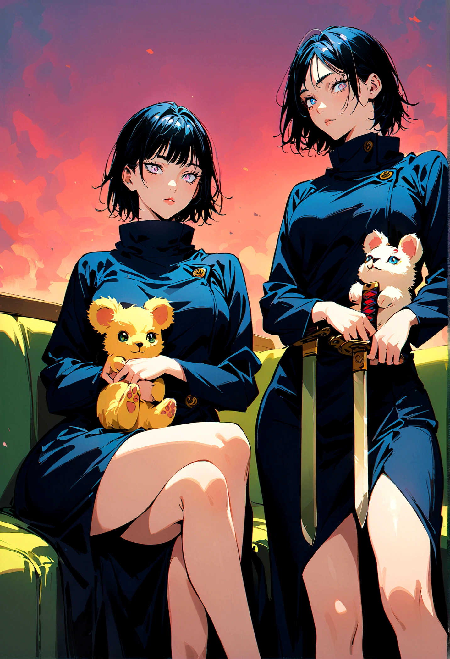 (2 young girls,jujutsu kaisen),twins, sitting on a couch holding a stuff animal, standing and holding a sword, two different set of colored eyes, same height, matching dresses, artwork
