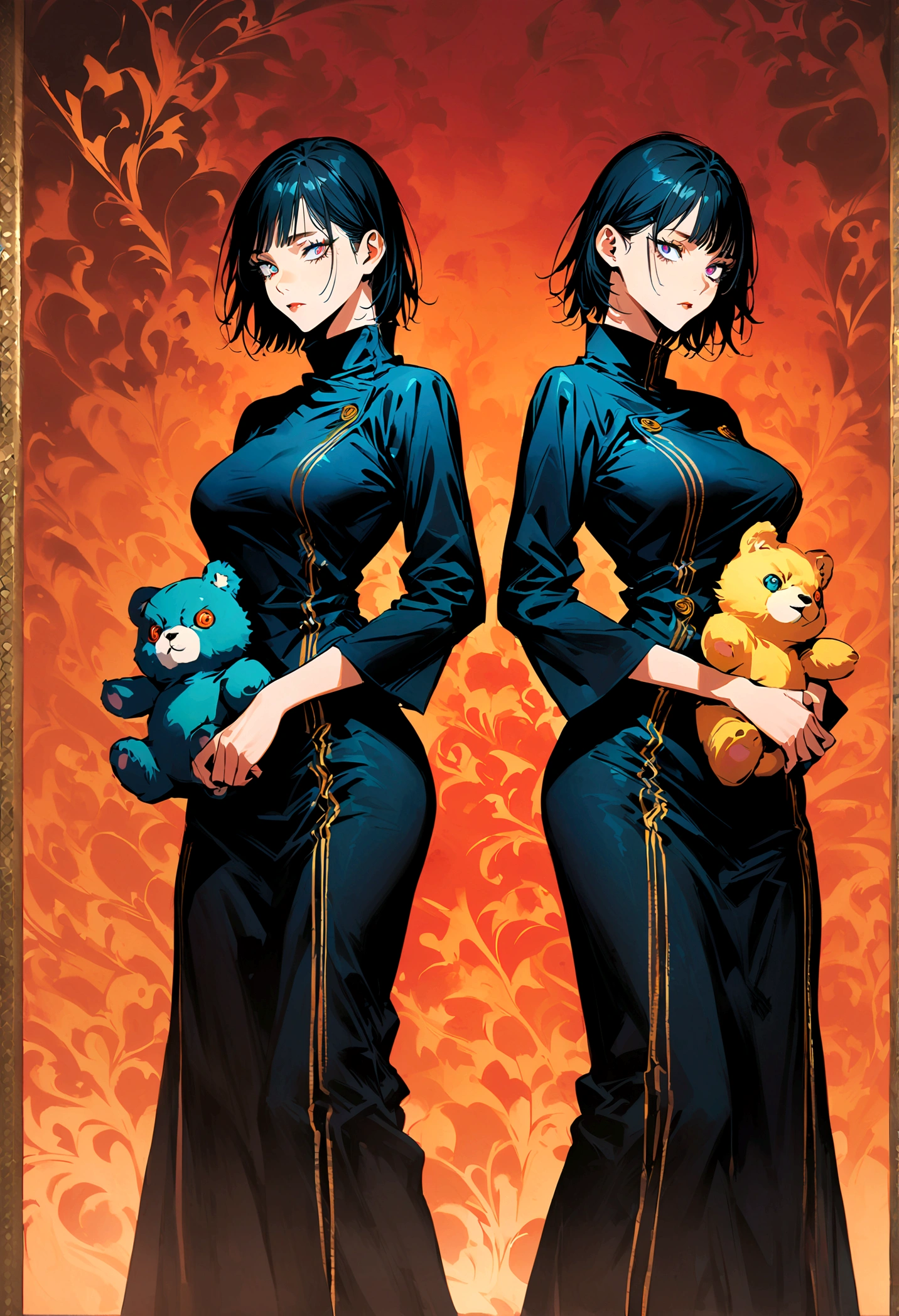 (2 young girls,jujutsu kaisen),twins, sitting on a couch holding a stuff animal, standing and holding a sword, two different set of colored eyes, same height, matching dresses, artwork
