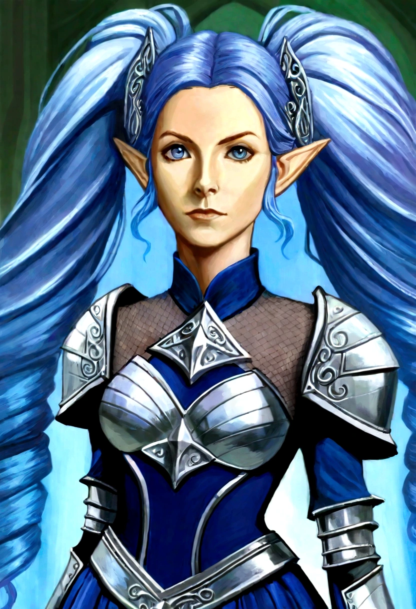 Gates McFadden (age 20) (young elven maiden, big hair, twintails, intricate sheer blue dress, mithril chest plate armor, mithril magic sword), chasing off some pesky kobolds, ruins
