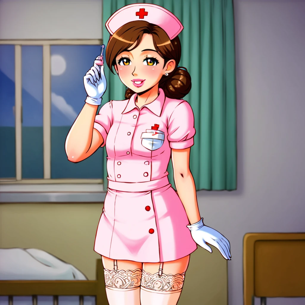 slutty floozy 1girl , solo, whore floozy sleazy lacivious nurse lingerie using pantyhoose, nurse cap, low pink wear, ((low ping legwear, zettai ryouiki)), white gloves,extremely detailed lace lingerie, drooping eyes, pink lips, smile, standing, ((hospital room)), sharp outline, short sleeves, young female, 18 years old, best quality, masterpiece painted by ilya kuvshinov, gaston bussiere, craig mullins, hajime sorayama alphonse mucha, artstation, Despite the provocative elements, the image remains tasteful, focusing on artistic expression and contrasting gothic horror vibes with vibrant paint splatters. The final product is a highly detailed, stylized oil photo, masterfully created with HDR technology and 8k resolution.
