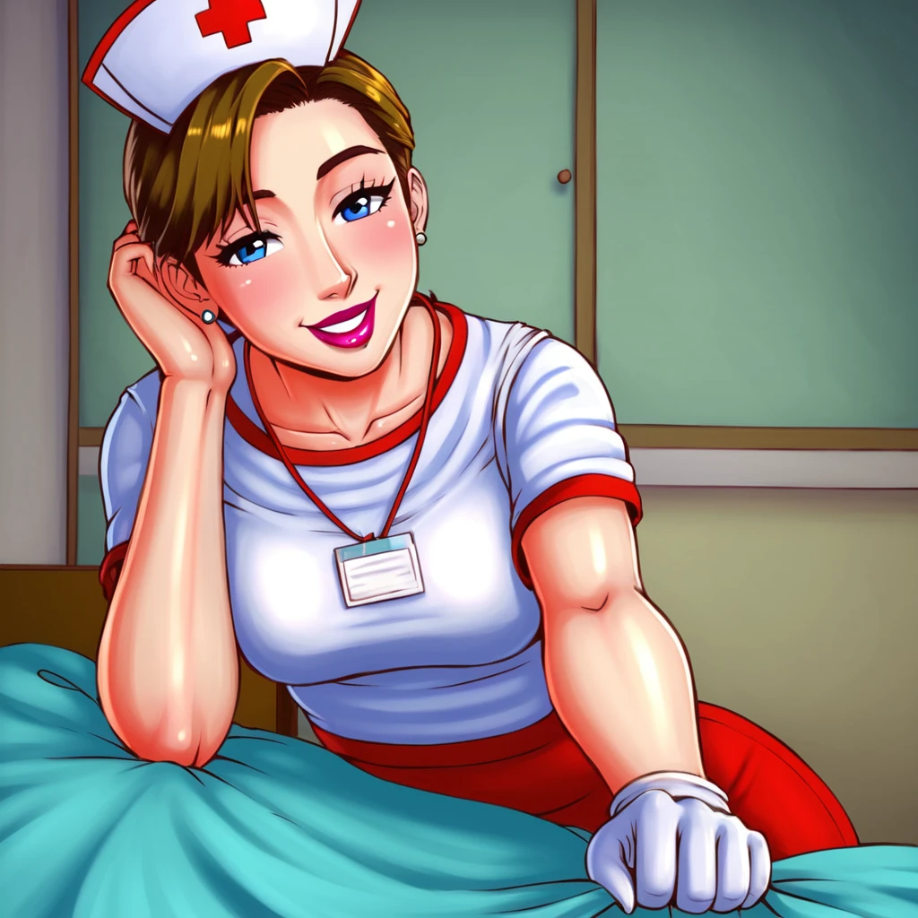 slutty floozy 1girl , solo, whore floozy sleazy lacivious nurse lingerie using pantyhoose, nurse cap, low pink wear, ((low ping legwear, zettai ryouiki)), white gloves,extremely detailed lace lingerie, drooping eyes, pink lips, smile, standing, ((hospital room)), sharp outline, short sleeves, young female, 18 years old, best quality, masterpiece painted by ilya kuvshinov, gaston bussiere, craig mullins, hajime sorayama alphonse mucha, artstation, Despite the provocative elements, the image remains tasteful, focusing on artistic expression and contrasting gothic horror vibes with vibrant paint splatters. The final product is a highly detailed, stylized oil photo, masterfully created with HDR technology and 8k resolution.
