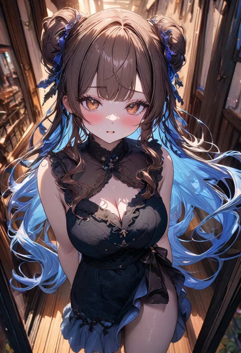 ((masterpiece), best quality, very aesthetic, newest, absurdres, detailed, high quality)
BREAK
highest quality, top quality, details, highres, ultra fine painting, digital art, official art, cinematic, 4k, 8k resolution, 8K CG wallpaper, CG, original artwork, detailed background, colorful background, blue atmosphere, High Dynamic Range, blurry background, blue hour, Starburst effects, crepuscular rays, good ISO, high resolution, wide shot, from far away, RAW photo, POV, sharp focus, light reflection, reflections, intricate details, soft light, particle noise, professional photography, bokeh, depth of field, natural lighting, vibrant colors, looking away, detailed lights and shadows, stylish, ultra-detailed, top rated on Pixiv, trending on Artstation, niji style, modern-days, master crafted, pose
BREAK
solo, close up shot, from above, 1girl, pale skin, correct fingers, detailed hand, (big breasts:1.2), big thighs, small torso, short body, flushtered, blush, anxious expression, embarassed, embarassed act, casual, slim, ((cute, childlike face):1.3), nice hips, nice body, brown hair, (very long flowing hair), (big 2 buns hairstyle)), long bangs, long hair, middle hair bangs, brown eyes
BREAK
(Black lace nightgown, NSFW, sensual) 
BREAK
Hanging clothes, changing room, indoors 